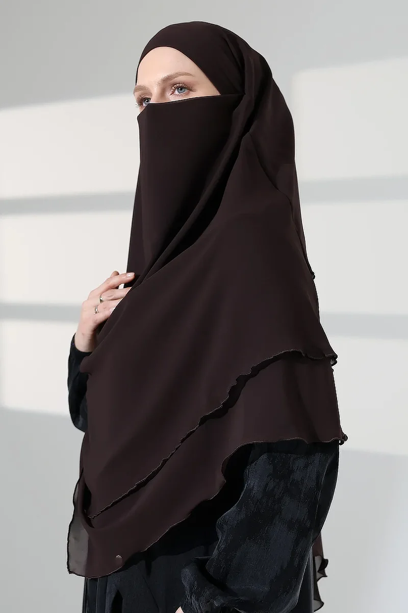 Tesettür Şifon Peçeli Üç Katlı Kısa Sufle Khimar, Pratik Hijab Şal Üçgen Kesim - Kahverengi - 6