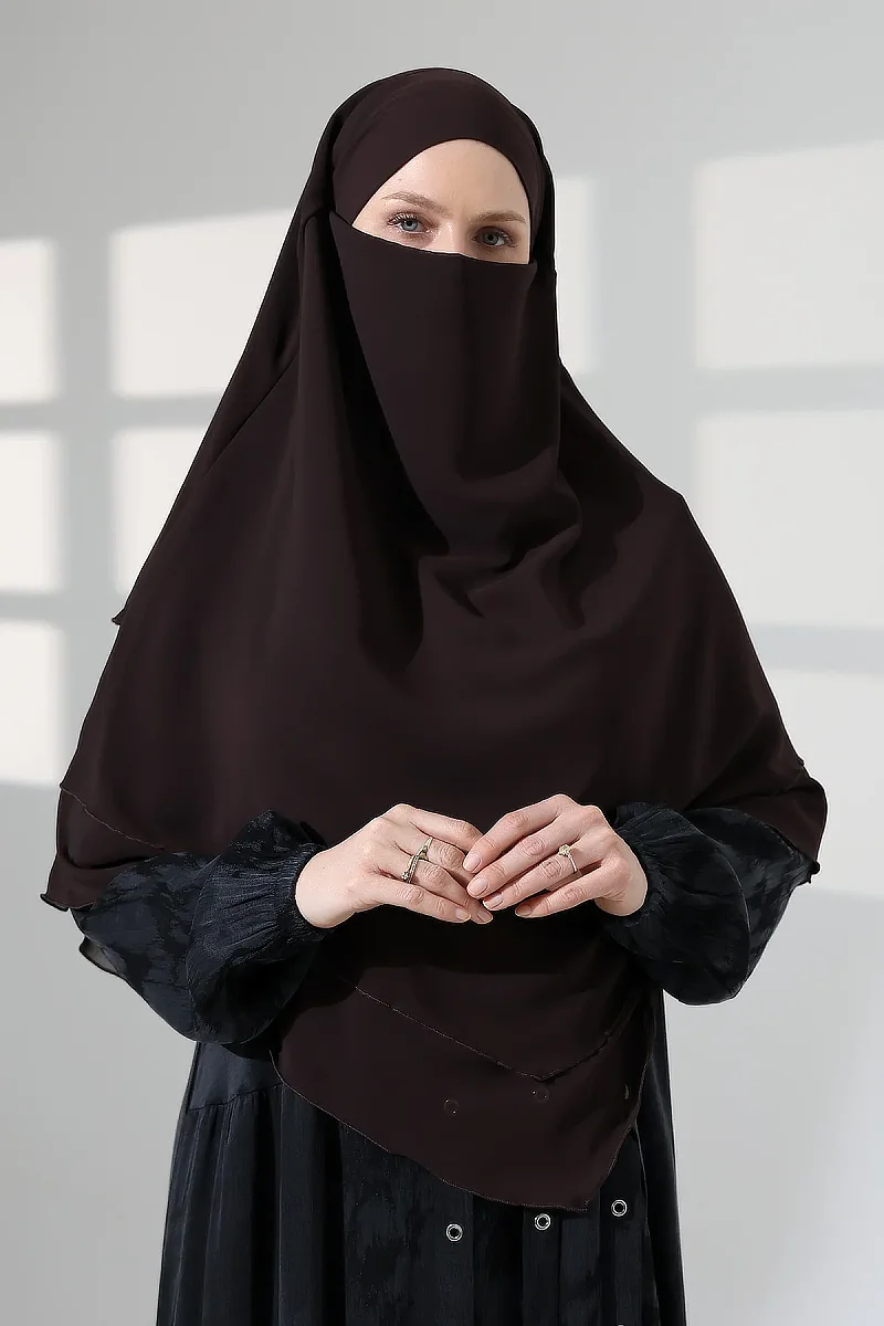 Tesettür Şifon Peçeli Üç Katlı Kısa Sufle Khimar, Pratik Hijab Şal Üçgen Kesim - Kahverengi - 7