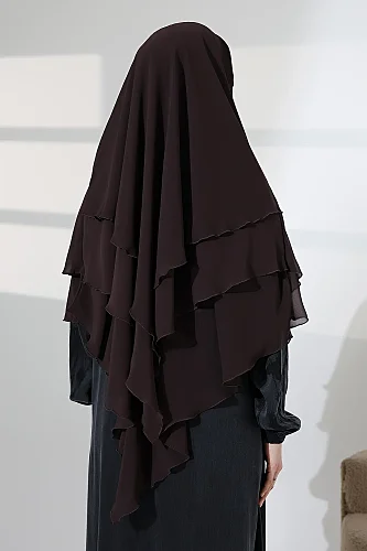 Tesettür Şifon Peçeli Üç Katlı Kısa Sufle Khimar, Pratik Hijab Şal Üçgen Kesim - Kahverengi - 8