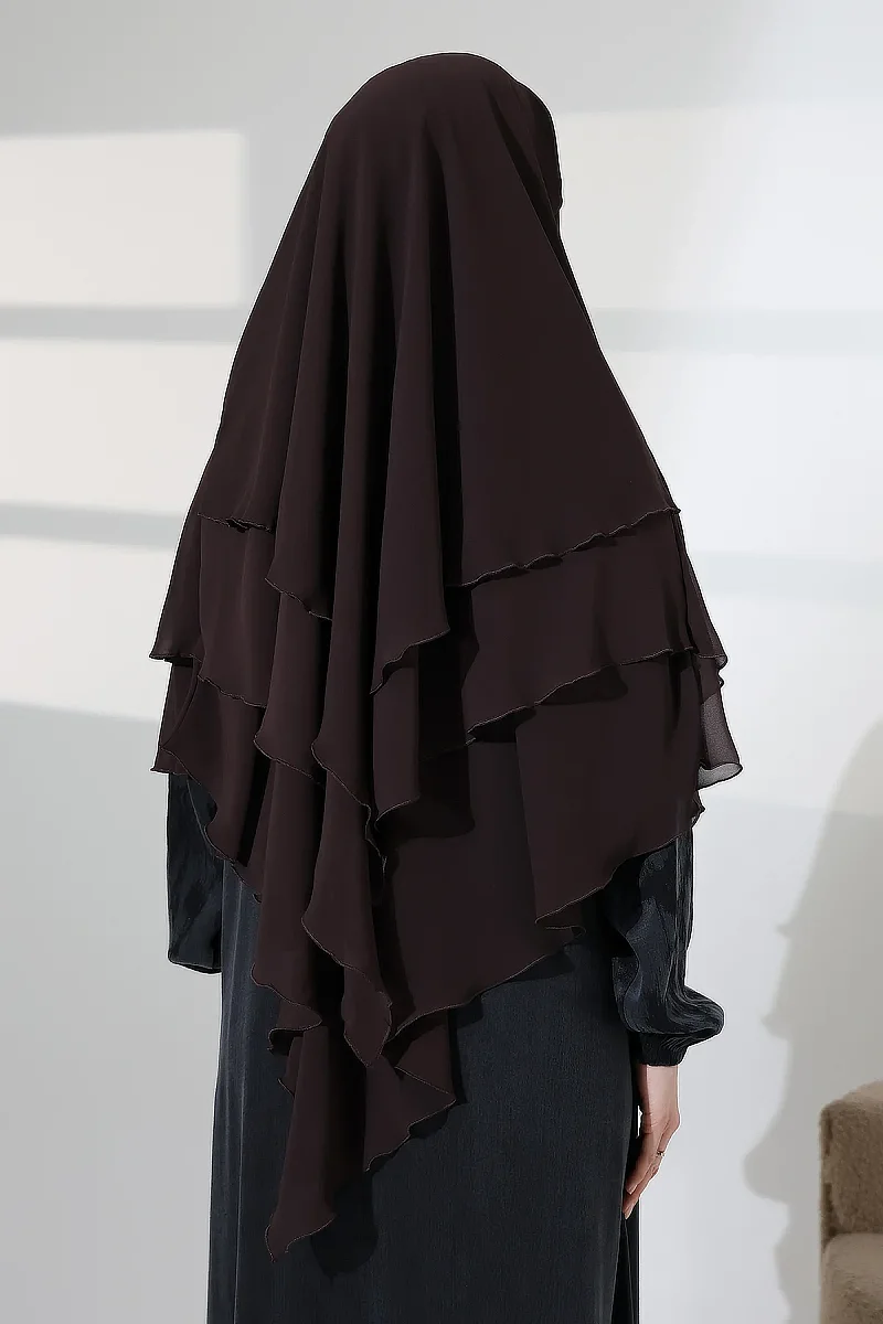 Tesettür Şifon Peçeli Üç Katlı Kısa Sufle Khimar, Pratik Hijab Şal Üçgen Kesim - Kahverengi - 8