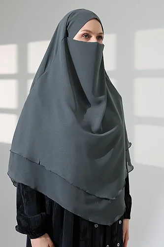 Tesettür Şifon Peçeli Üç Katlı Kısa Sufle Khimar, Pratik Hijab Şal Üçgen Kesim - Mint Yeşili - 5