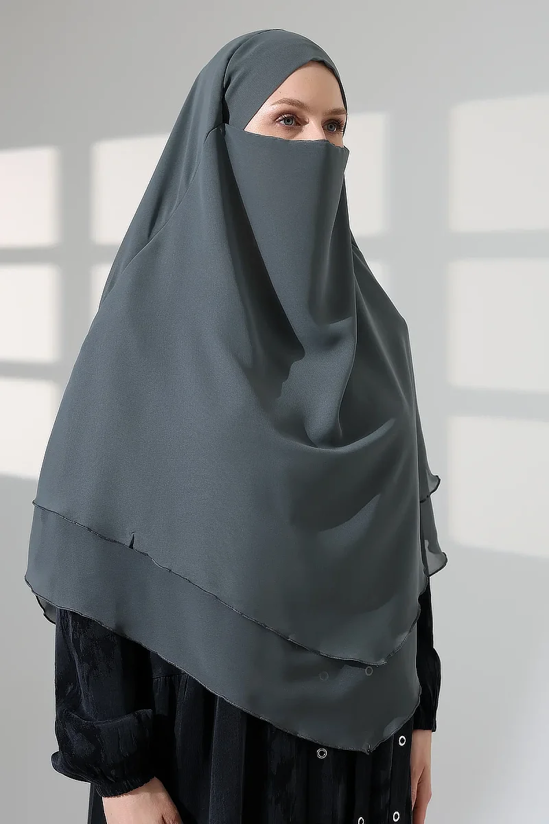 Tesettür Şifon Peçeli Üç Katlı Kısa Sufle Khimar, Pratik Hijab Şal Üçgen Kesim - Mint Yeşili - 5