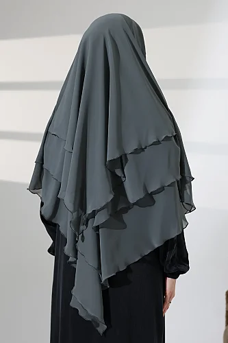 Tesettür Şifon Peçeli Üç Katlı Kısa Sufle Khimar, Pratik Hijab Şal Üçgen Kesim - Mint Yeşili - 8