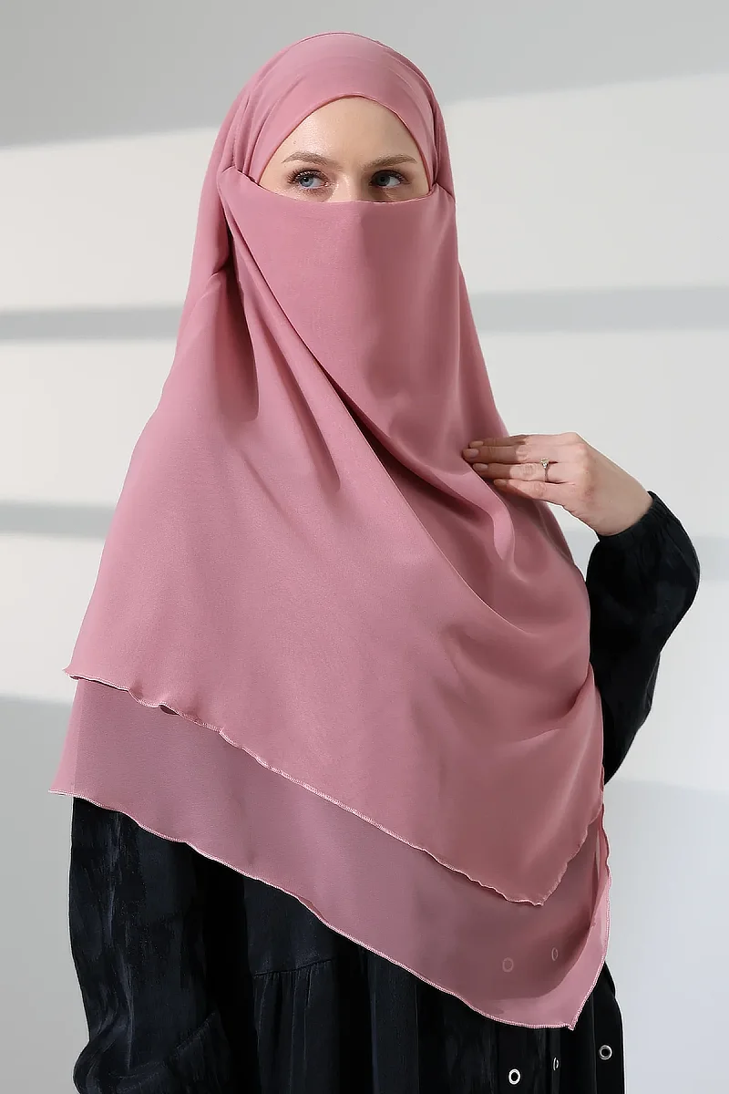 Tesettür Şifon Peçeli Üç Katlı Kısa Sufle Khimar, Pratik Hijab Şal Üçgen Kesim - Pembe - 1