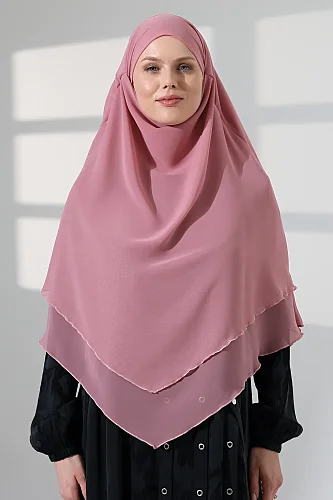 Tesettür Şifon Peçeli Üç Katlı Kısa Sufle Khimar, Pratik Hijab Şal Üçgen Kesim - Pembe - ihvanonline (1)