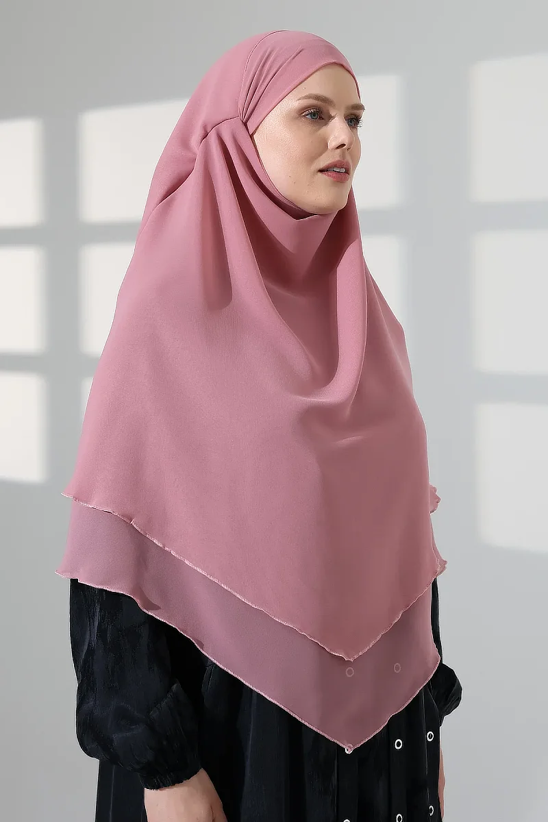 Tesettür Şifon Peçeli Üç Katlı Kısa Sufle Khimar, Pratik Hijab Şal Üçgen Kesim - Pembe - 3