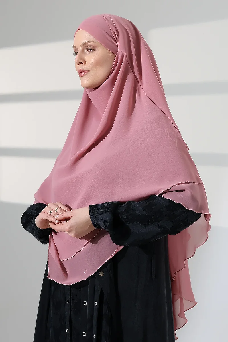 Tesettür Şifon Peçeli Üç Katlı Kısa Sufle Khimar, Pratik Hijab Şal Üçgen Kesim - Pembe - 4