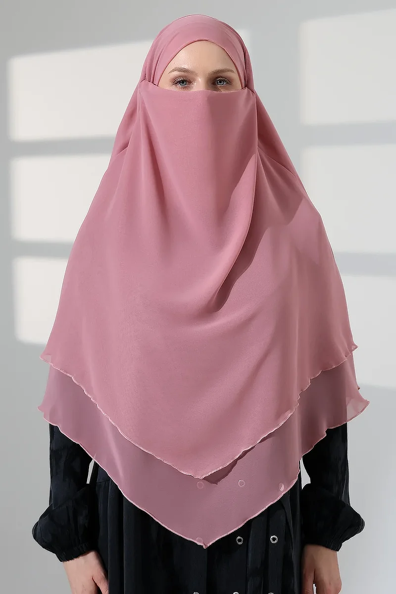 Tesettür Şifon Peçeli Üç Katlı Kısa Sufle Khimar, Pratik Hijab Şal Üçgen Kesim - Pembe - 5