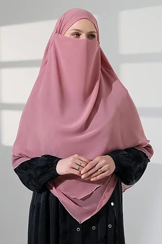 Tesettür Şifon Peçeli Üç Katlı Kısa Sufle Khimar, Pratik Hijab Şal Üçgen Kesim - Pembe - 6
