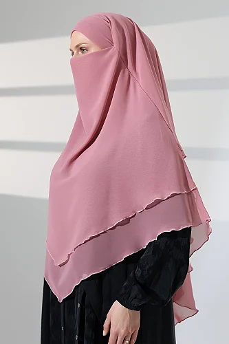 Tesettür Şifon Peçeli Üç Katlı Kısa Sufle Khimar, Pratik Hijab Şal Üçgen Kesim - Pembe - 7