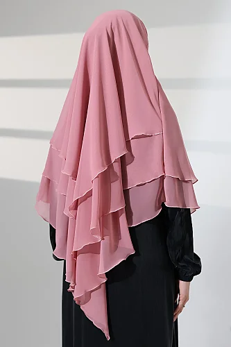 Tesettür Şifon Peçeli Üç Katlı Kısa Sufle Khimar, Pratik Hijab Şal Üçgen Kesim - Pembe - 8