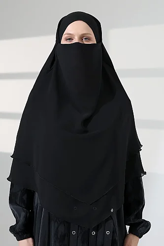 Tesettür Şifon Peçeli Üç Katlı Kısa Sufle Khimar, Pratik Hijab Şal Üçgen Kesim - Siyah - ihvanonline (1)