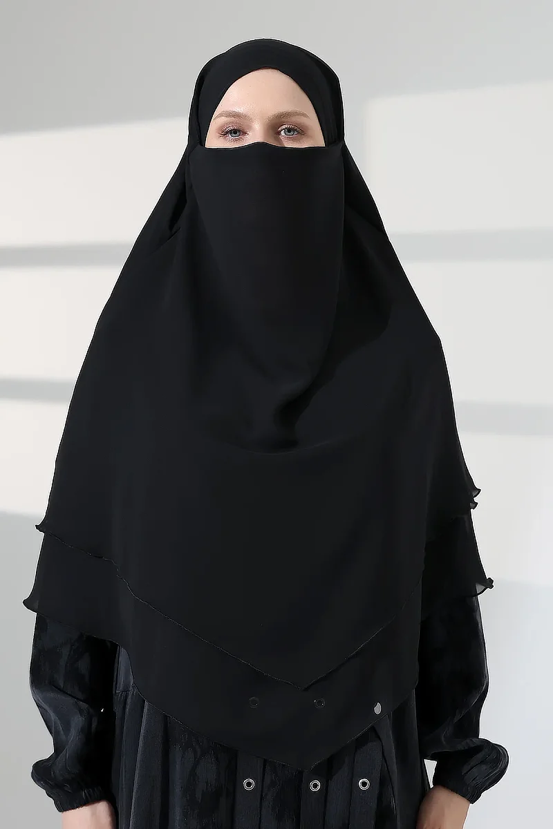 Tesettür Şifon Peçeli Üç Katlı Kısa Sufle Khimar, Pratik Hijab Şal Üçgen Kesim - Siyah - 2