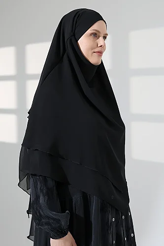 Tesettür Şifon Peçeli Üç Katlı Kısa Sufle Khimar, Pratik Hijab Şal Üçgen Kesim - Siyah - 3