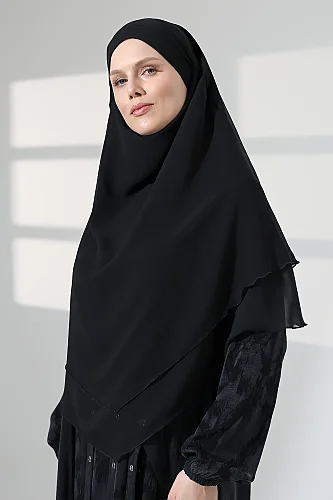 Tesettür Şifon Peçeli Üç Katlı Kısa Sufle Khimar, Pratik Hijab Şal Üçgen Kesim - Siyah - 4
