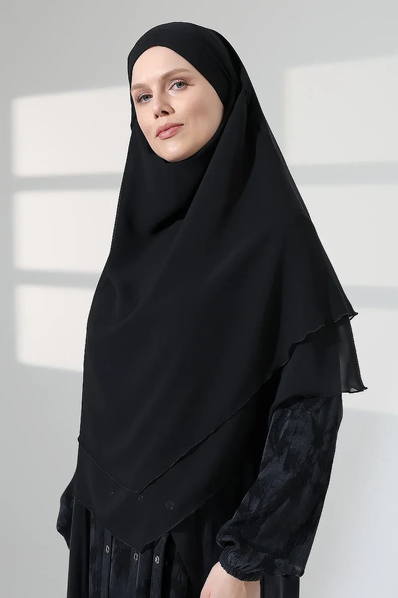 Tesettür Şifon Peçeli Üç Katlı Kısa Sufle Khimar, Pratik Hijab Şal Üçgen Kesim - Siyah - 4
