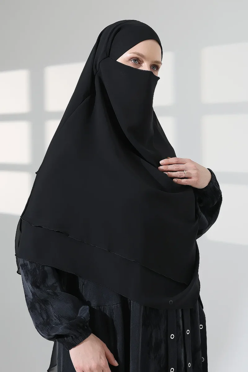 Tesettür Şifon Peçeli Üç Katlı Kısa Sufle Khimar, Pratik Hijab Şal Üçgen Kesim - Siyah - 5