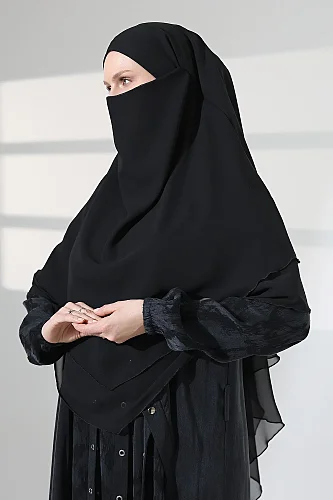 Tesettür Şifon Peçeli Üç Katlı Kısa Sufle Khimar, Pratik Hijab Şal Üçgen Kesim - Siyah - 6