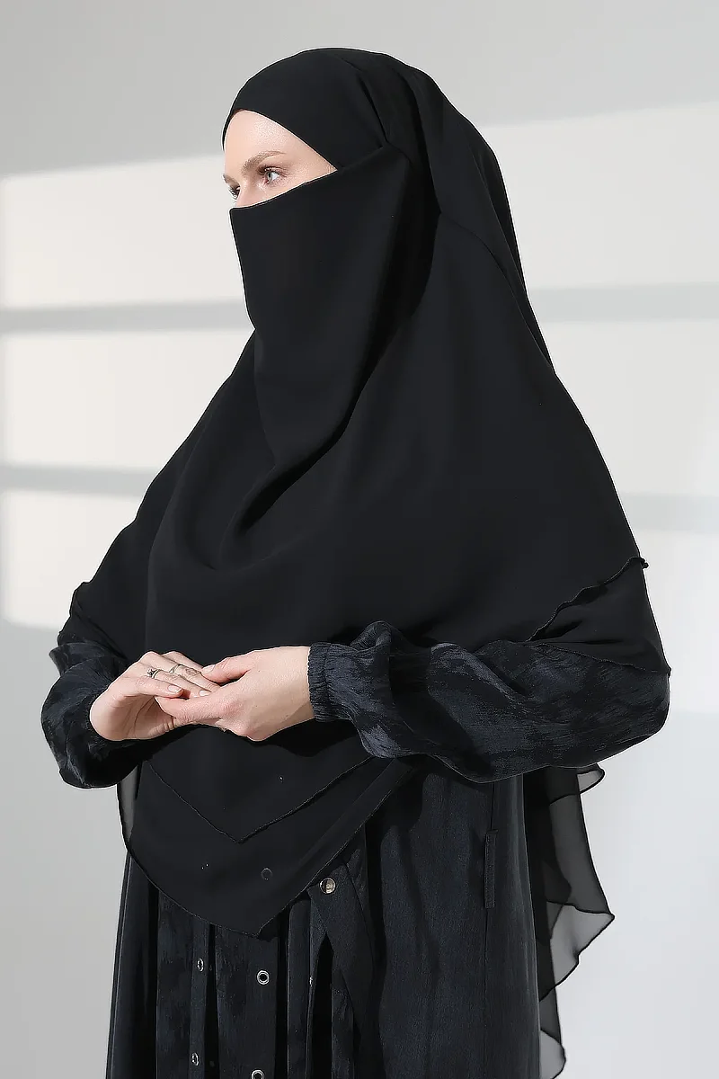 Tesettür Şifon Peçeli Üç Katlı Kısa Sufle Khimar, Pratik Hijab Şal Üçgen Kesim - Siyah - 6