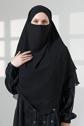 Tesettür Şifon Peçeli Üç Katlı Kısa Sufle Khimar, Pratik Hijab Şal Üçgen Kesim - Siyah - 7