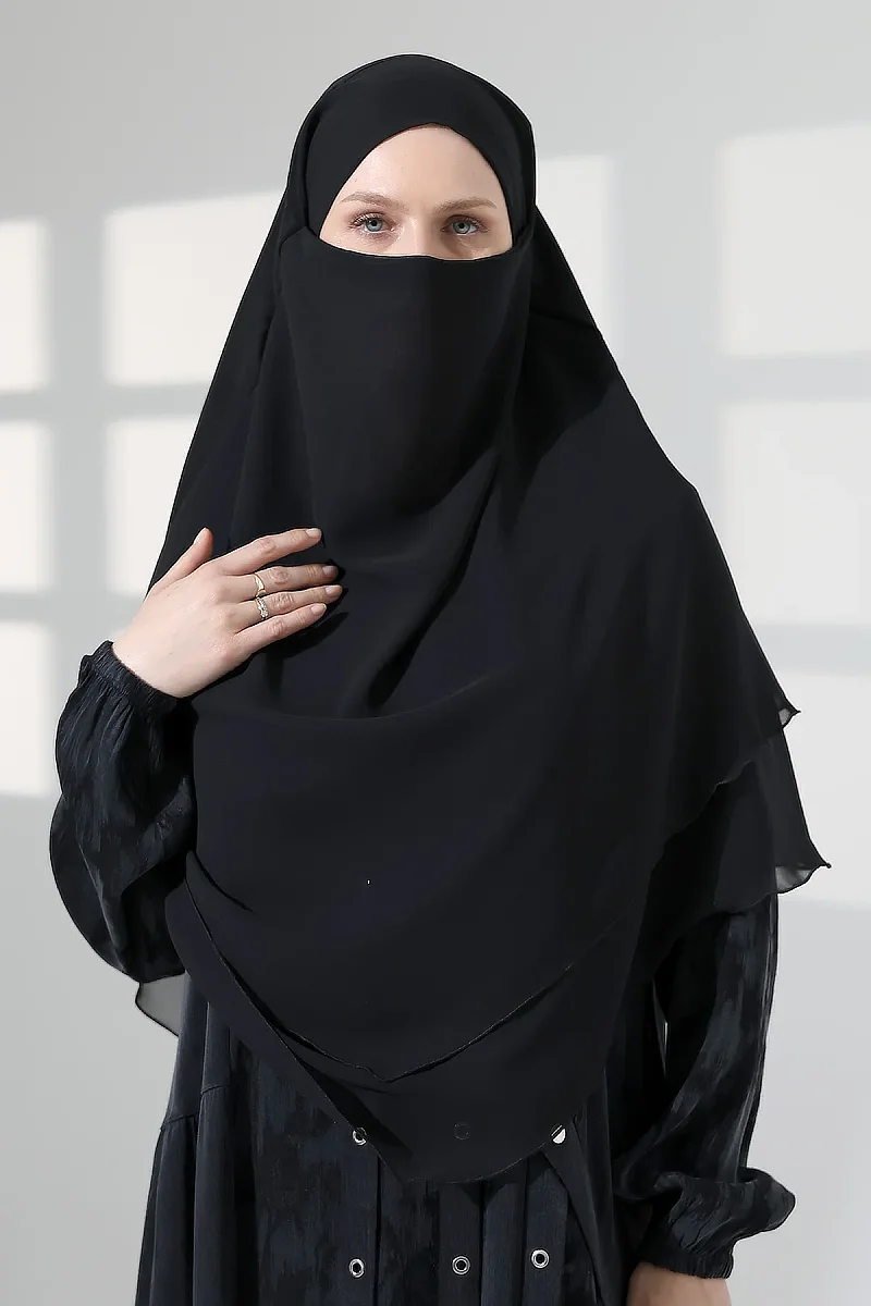 Tesettür Şifon Peçeli Üç Katlı Kısa Sufle Khimar, Pratik Hijab Şal Üçgen Kesim - Siyah - 7