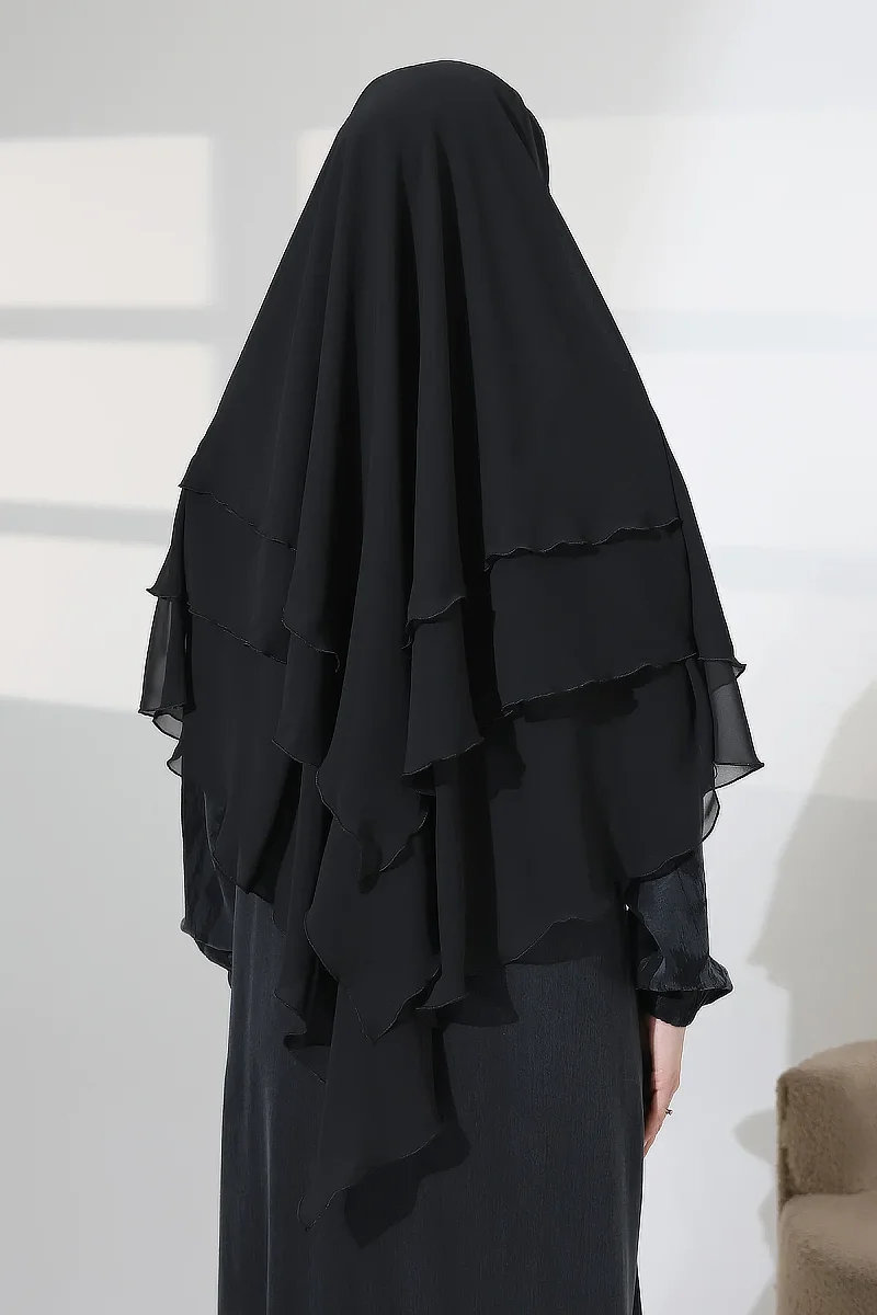 Tesettür Şifon Peçeli Üç Katlı Kısa Sufle Khimar, Pratik Hijab Şal Üçgen Kesim - Siyah - 8