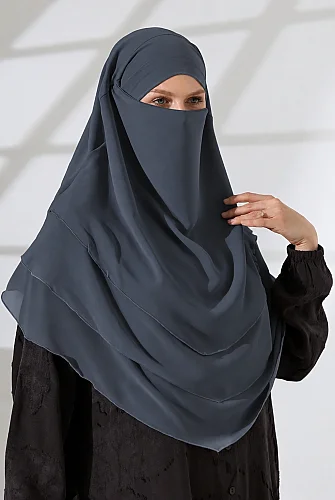 Şifon Peçeli Üç Katlı Oval Sufle Khimar, Pratik Hijab Şal - Füme (ZN1704) - 1