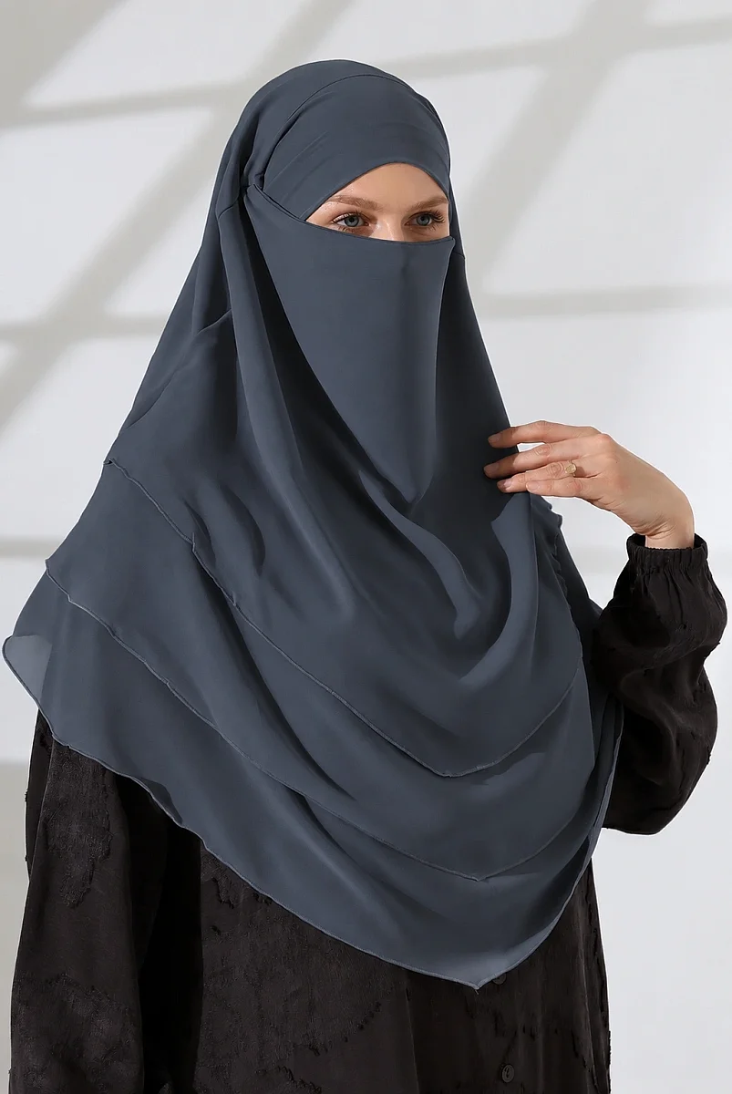 Şifon Peçeli Üç Katlı Oval Sufle Khimar, Pratik Hijab Şal - Füme (ZN1704) - 1