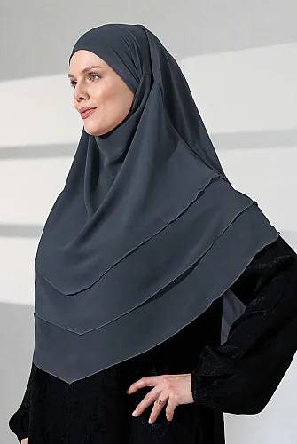 Şifon Peçeli Üç Katlı Oval Sufle Khimar, Pratik Hijab Şal - Füme (ZN1704) - ihvanonline (1)