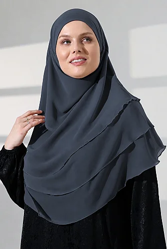 Şifon Peçeli Üç Katlı Oval Sufle Khimar, Pratik Hijab Şal - Füme (ZN1704) - 3