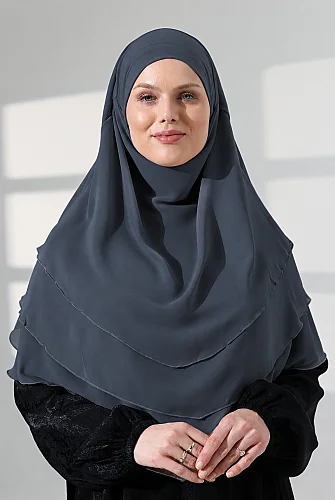 Şifon Peçeli Üç Katlı Oval Sufle Khimar, Pratik Hijab Şal - Füme (ZN1704) - 5