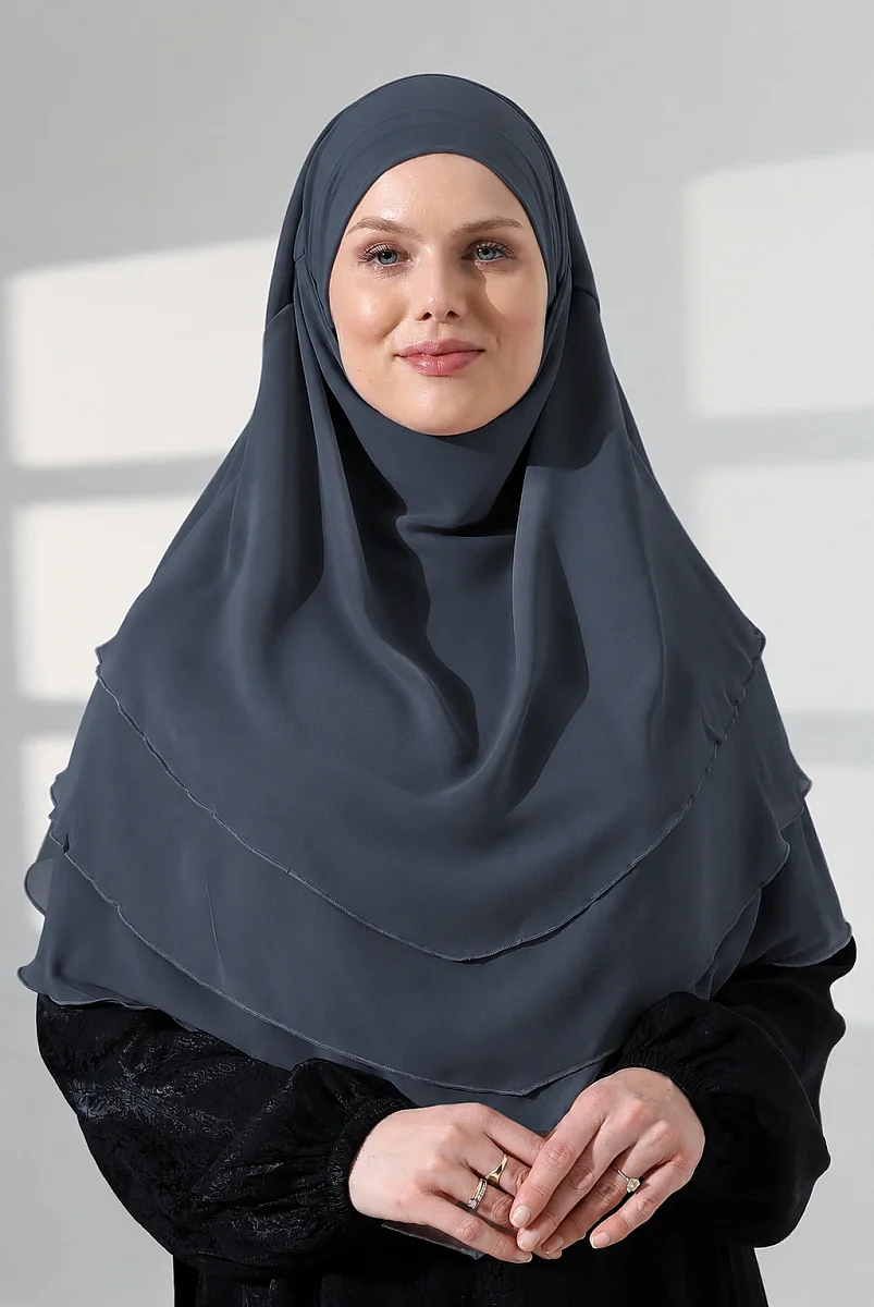 Şifon Peçeli Üç Katlı Oval Sufle Khimar, Pratik Hijab Şal - Füme (ZN1704) - 5