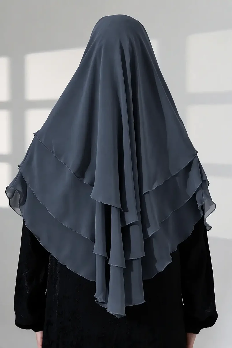 Şifon Peçeli Üç Katlı Oval Sufle Khimar, Pratik Hijab Şal - Füme (ZN1704) - 6