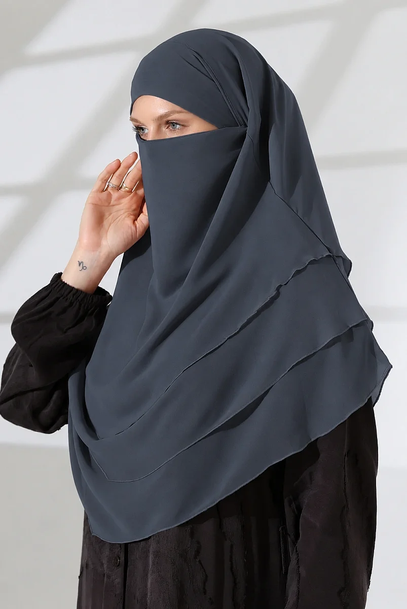 Şifon Peçeli Üç Katlı Oval Sufle Khimar, Pratik Hijab Şal - Füme (ZN1704) - 7