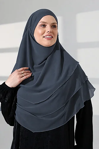 Şifon Peçeli Üç Katlı Oval Sufle Khimar, Pratik Hijab Şal - Füme (ZN1704) - 8
