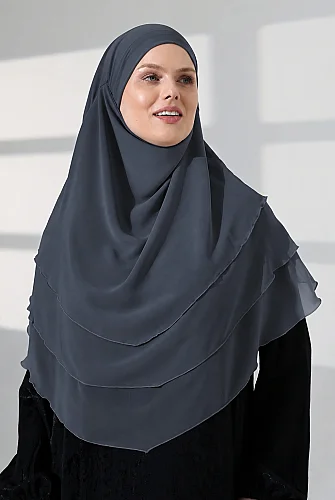 Şifon Peçeli Üç Katlı Oval Sufle Khimar, Pratik Hijab Şal - Füme (ZN1704) - 10