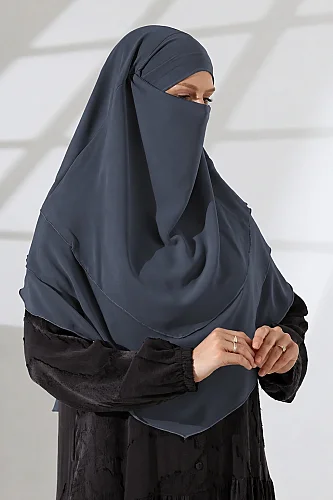 Şifon Peçeli Üç Katlı Oval Sufle Khimar, Pratik Hijab Şal - Füme (ZN1704) - 11