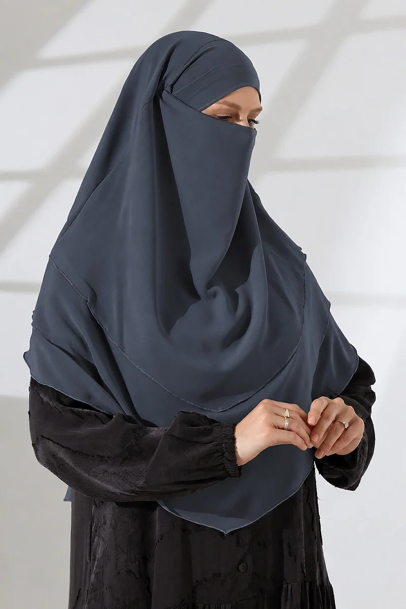 Şifon Peçeli Üç Katlı Oval Sufle Khimar, Pratik Hijab Şal - Füme (ZN1704) - 11
