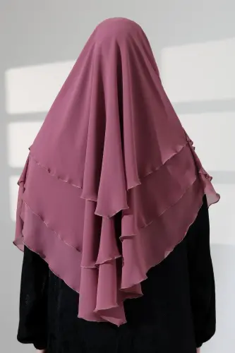 Tesettür Şifon Peçeli Üç Katlı Oval Sufle Khimar, Pratik Hijab Şal - Gül Kurusu (ZN1704) - 8