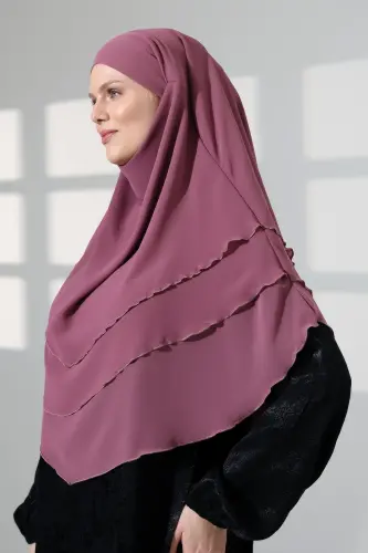 Tesettür Şifon Peçeli Üç Katlı Oval Sufle Khimar, Pratik Hijab Şal - Gül Kurusu (ZN1704) - 7