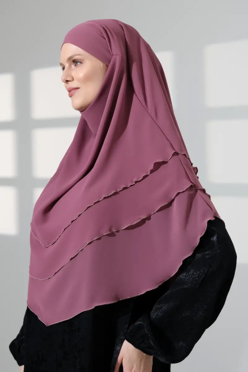 Tesettür Şifon Peçeli Üç Katlı Oval Sufle Khimar, Pratik Hijab Şal - Gül Kurusu (ZN1704) - 7