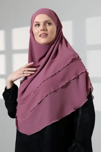 Tesettür Şifon Peçeli Üç Katlı Oval Sufle Khimar, Pratik Hijab Şal - Gül Kurusu (ZN1704) - 6