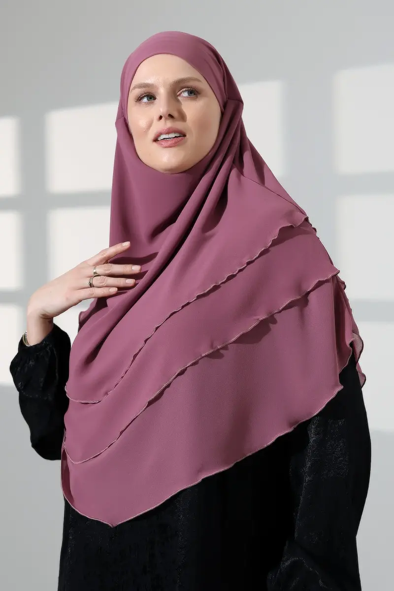 Tesettür Şifon Peçeli Üç Katlı Oval Sufle Khimar, Pratik Hijab Şal - Gül Kurusu (ZN1704) - 6
