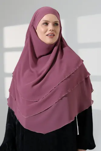 Tesettür Şifon Peçeli Üç Katlı Oval Sufle Khimar, Pratik Hijab Şal - Gül Kurusu (ZN1704) - 1