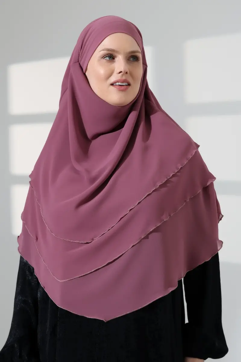 Tesettür Şifon Peçeli Üç Katlı Oval Sufle Khimar, Pratik Hijab Şal - Gül Kurusu (ZN1704) - 1