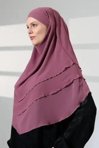 Tesettür Şifon Peçeli Üç Katlı Oval Sufle Khimar, Pratik Hijab Şal - Gül Kurusu (ZN1704) - ihvanonline (1)