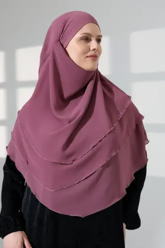 Tesettür Şifon Peçeli Üç Katlı Oval Sufle Khimar, Pratik Hijab Şal - Gül Kurusu (ZN1704) - 4