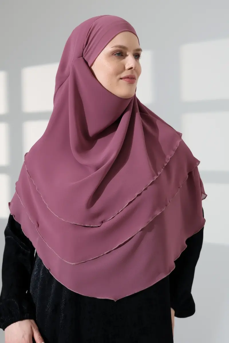 Tesettür Şifon Peçeli Üç Katlı Oval Sufle Khimar, Pratik Hijab Şal - Gül Kurusu (ZN1704) - 4
