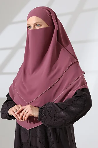 Şifon Peçeli Üç Katlı Oval Sufle Khimar, Pratik Hijab Şal - Gül Kurusu (ZN1704) - 3