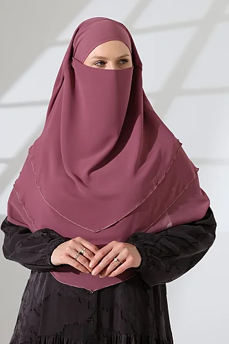 Şifon Peçeli Üç Katlı Oval Sufle Khimar, Pratik Hijab Şal - Gül Kurusu (ZN1704) - 4